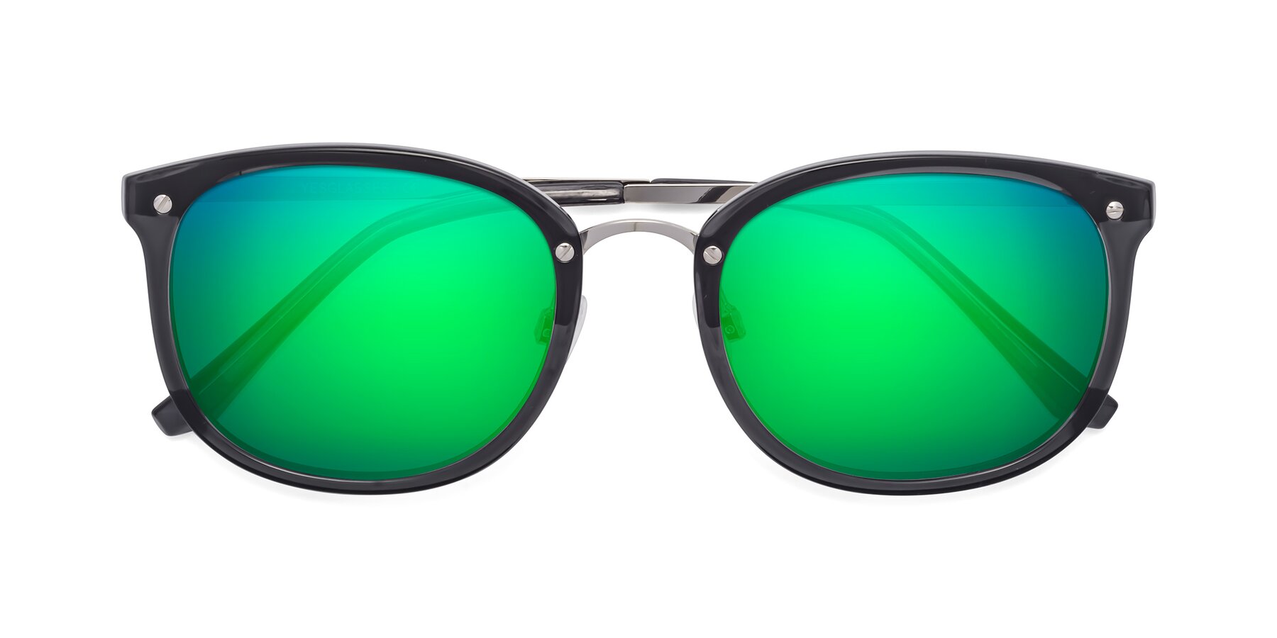 Folded Front of Timeless in Transparent Gray with Green Mirrored Lenses