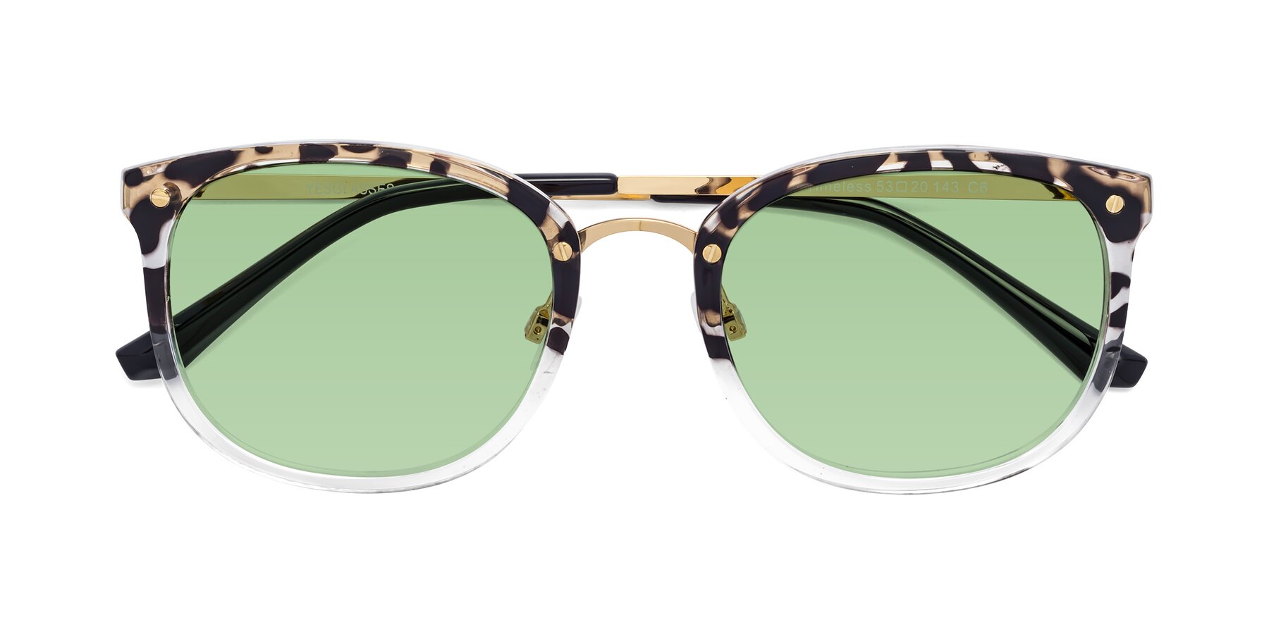 Folded Front of Timeless in Leopard-Print with Medium Green Tinted Lenses