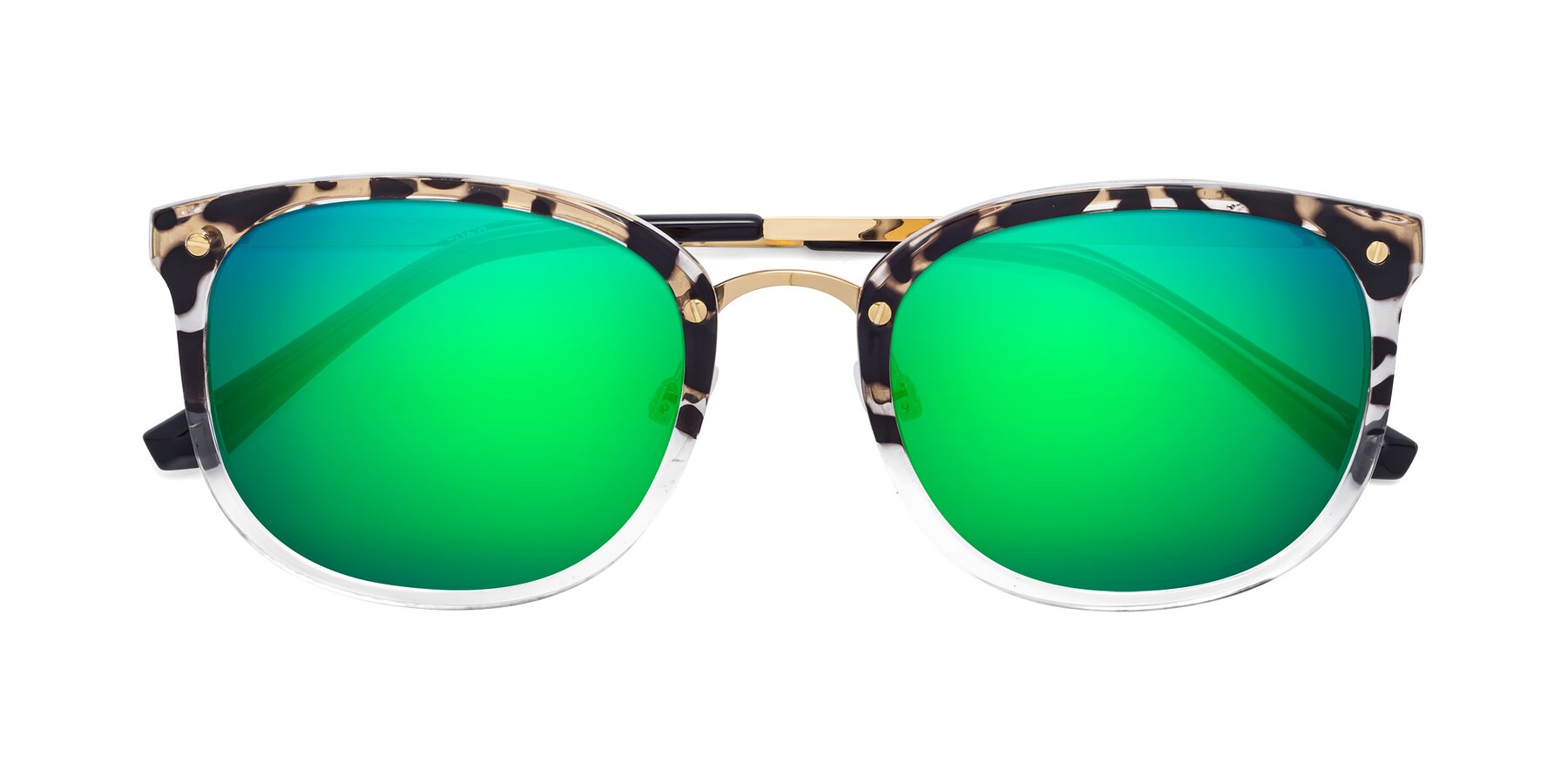 Folded Front of Timeless in Leopard-Print with Green Mirrored Lenses