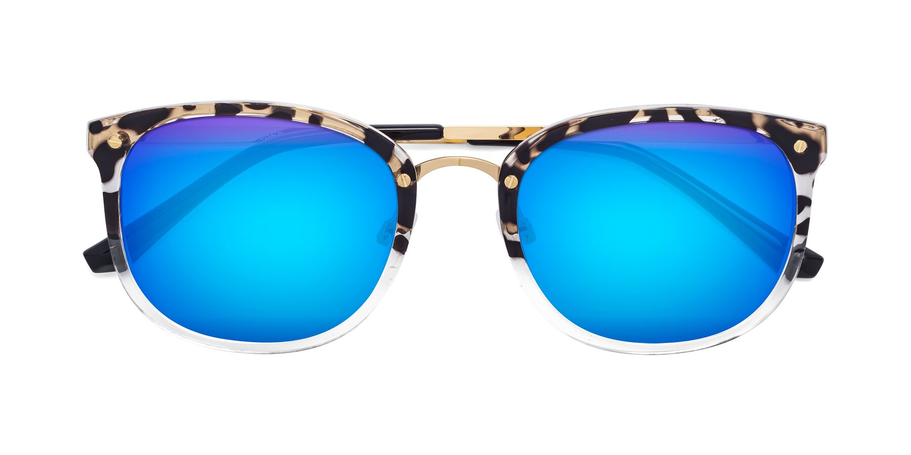 Folded Front of Timeless in Leopard-Print with Blue Mirrored Lenses