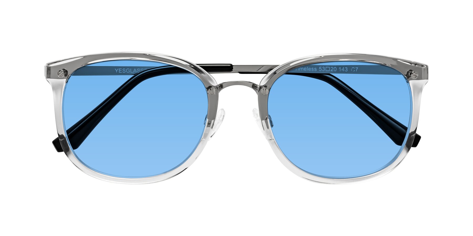 Folded Front of Timeless in Clear with Medium Blue Tinted Lenses