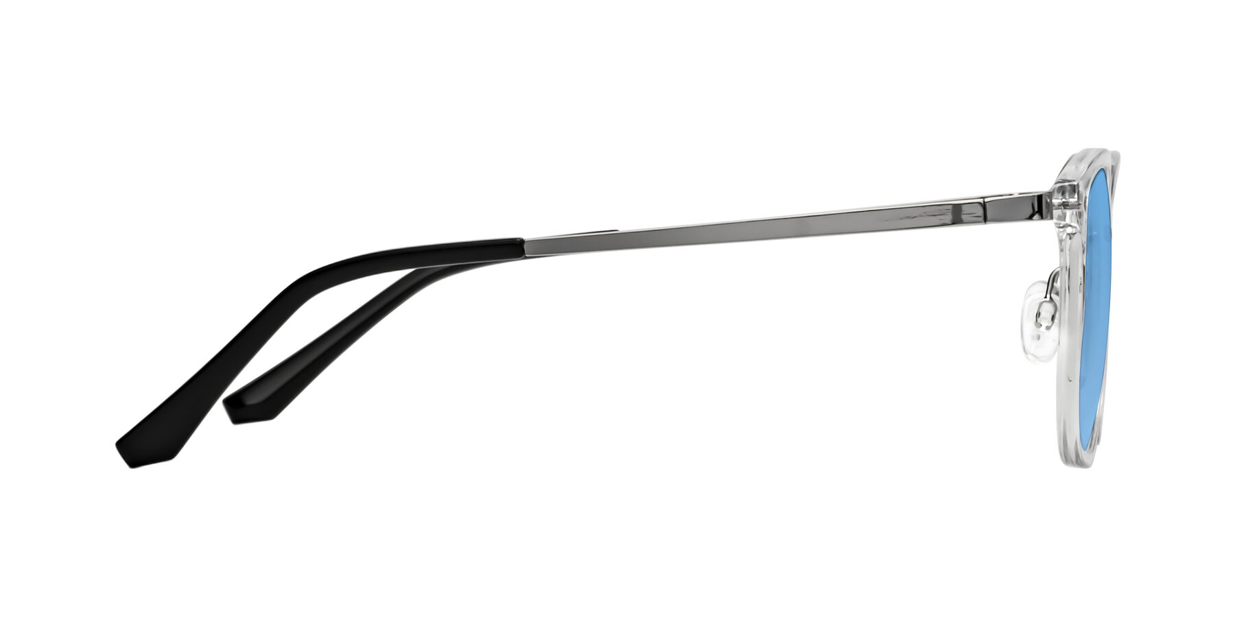 Side of Timeless in Clear with Medium Blue Tinted Lenses
