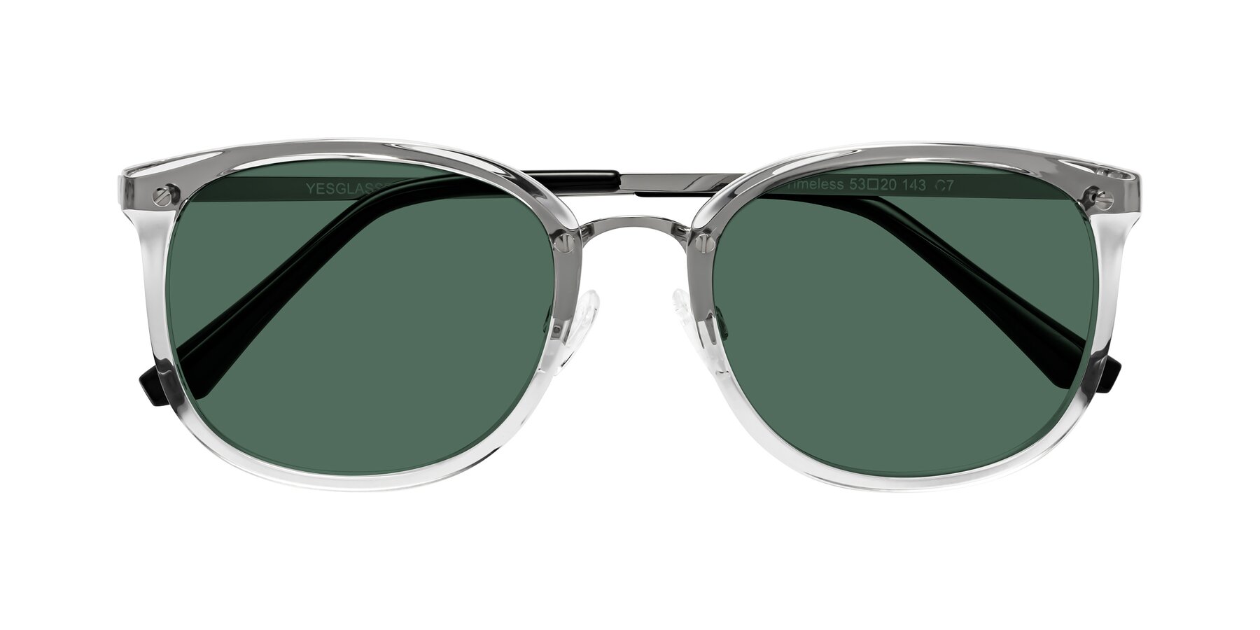Folded Front of Timeless in Clear with Green Polarized Lenses