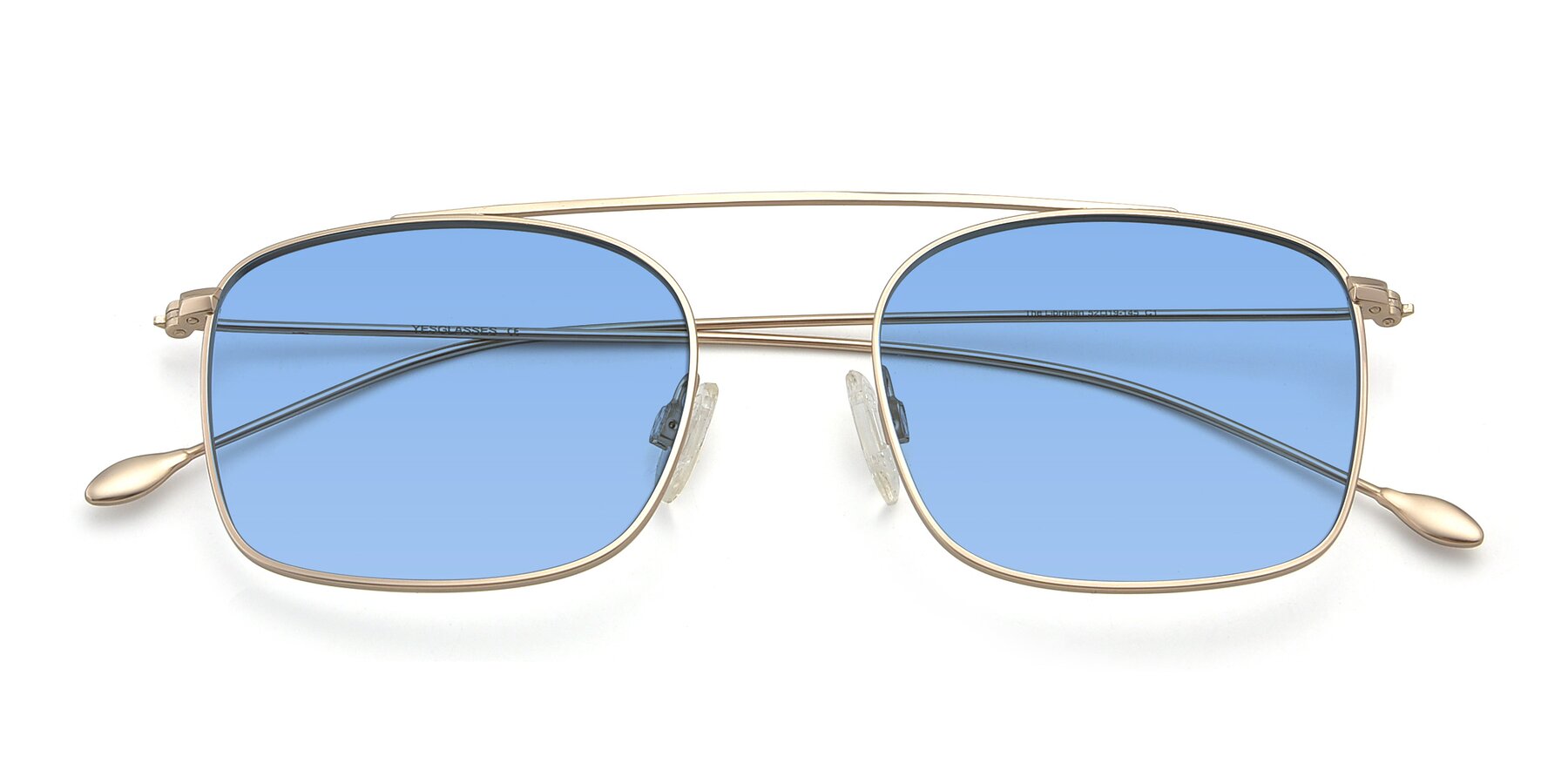 Folded Front of The Librarian in Copper with Medium Blue Tinted Lenses