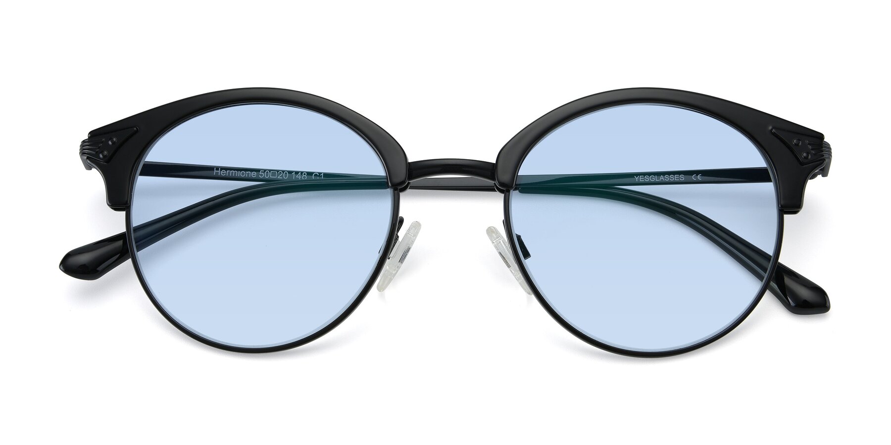 Folded Front of Hermione in Black with Light Blue Tinted Lenses