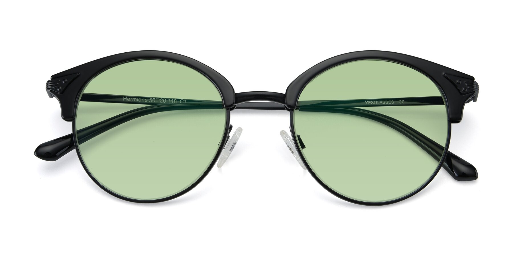 Folded Front of Hermione in Black with Medium Green Tinted Lenses
