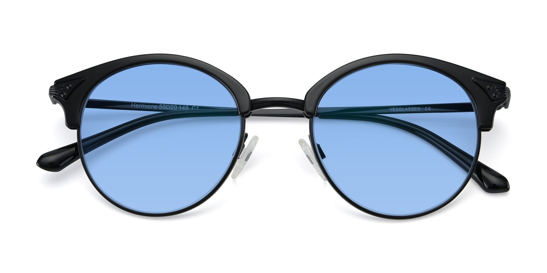 Folded Front of Hermione in Black with Medium Blue Tinted Lenses