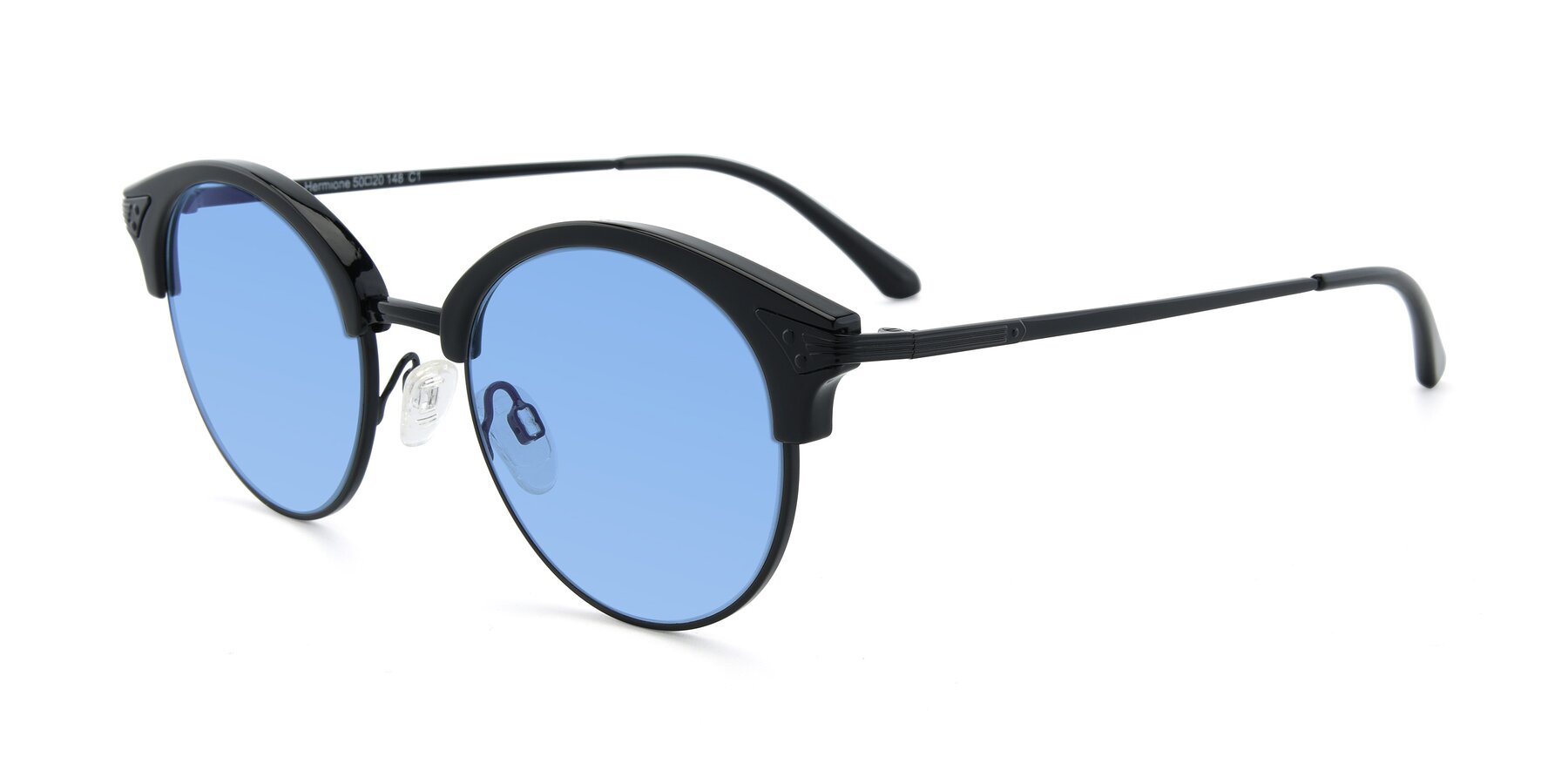 Angle of Hermione in Black with Medium Blue Tinted Lenses