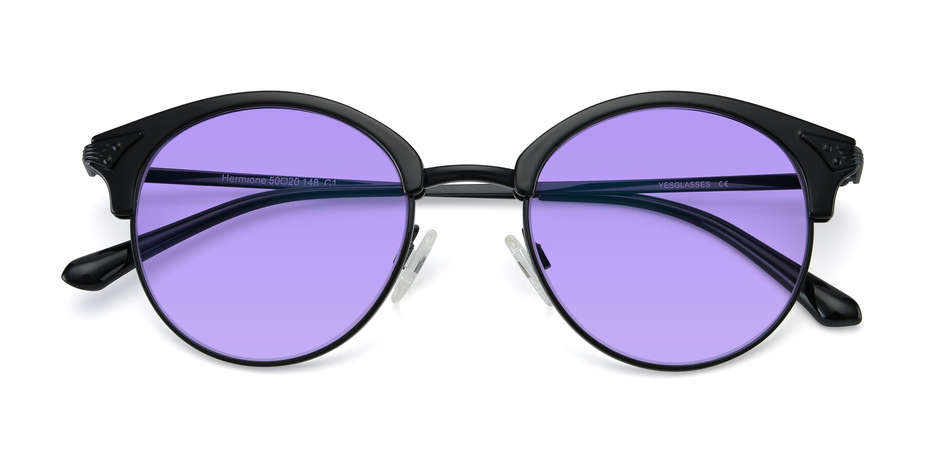 Folded Front of Hermione in Black with Medium Purple Tinted Lenses