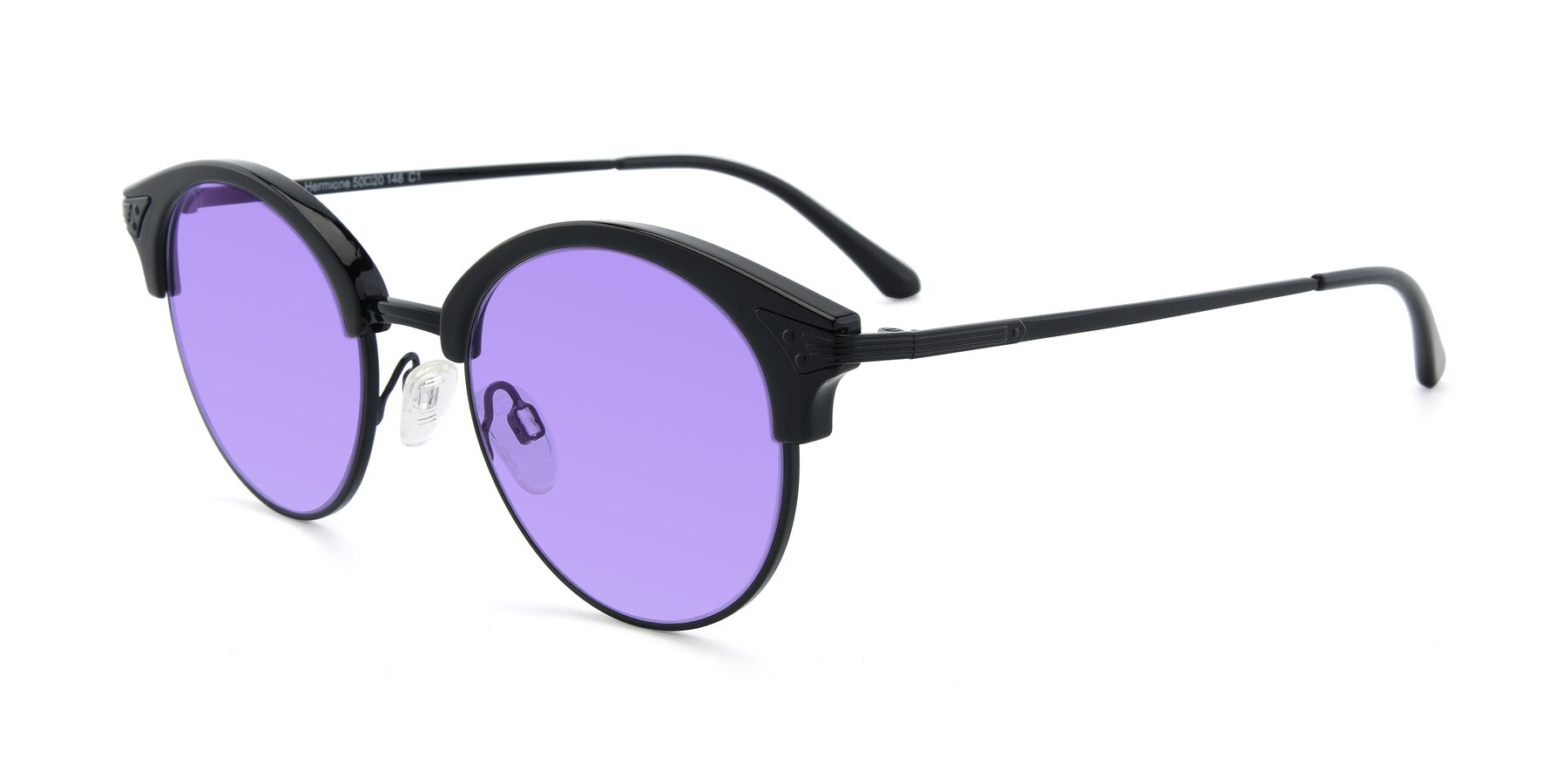 Angle of Hermione in Black with Medium Purple Tinted Lenses