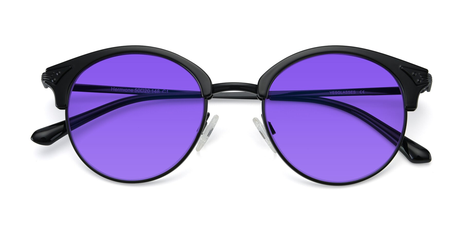 Folded Front of Hermione in Black with Purple Tinted Lenses
