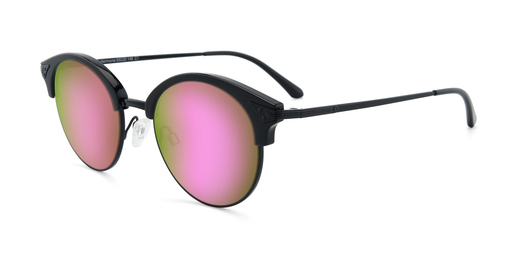 Angle of Hermione in Black with Pink Mirrored Lenses