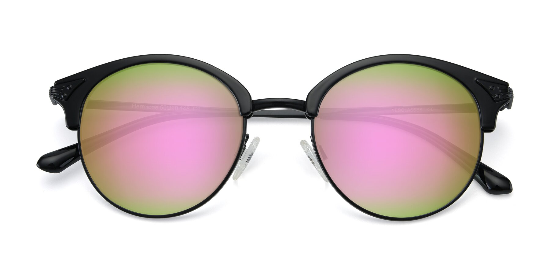 View of Hermione in Black with Pink Mirrored Lenses
