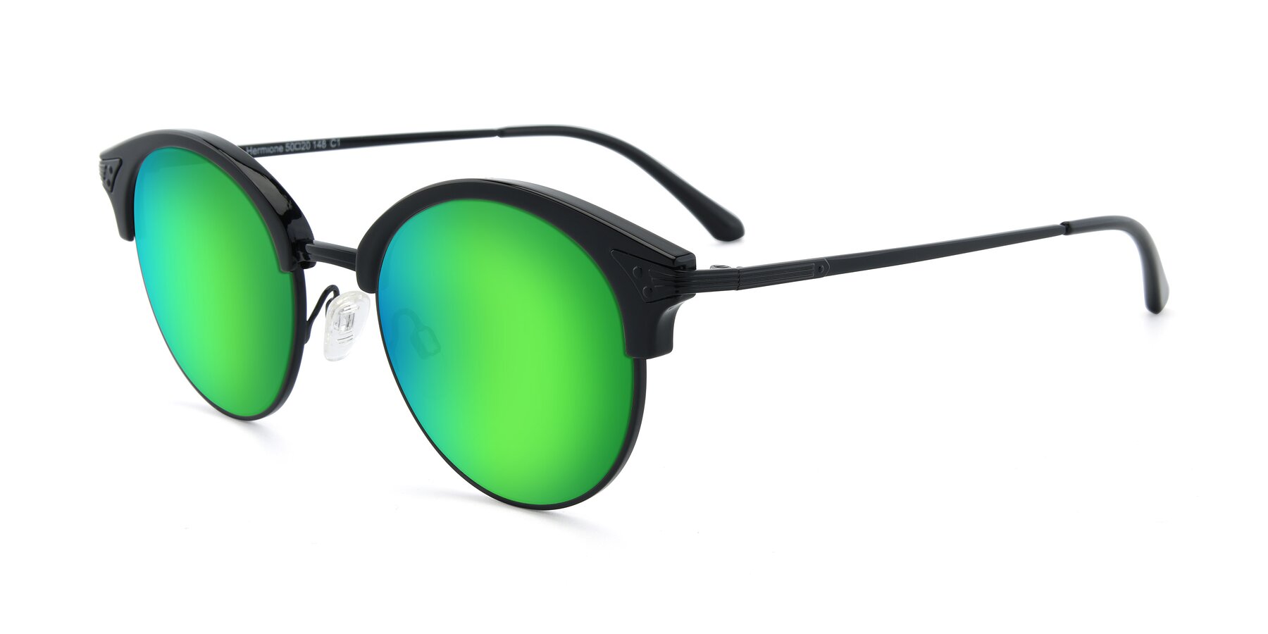 Angle of Hermione in Black with Green Mirrored Lenses