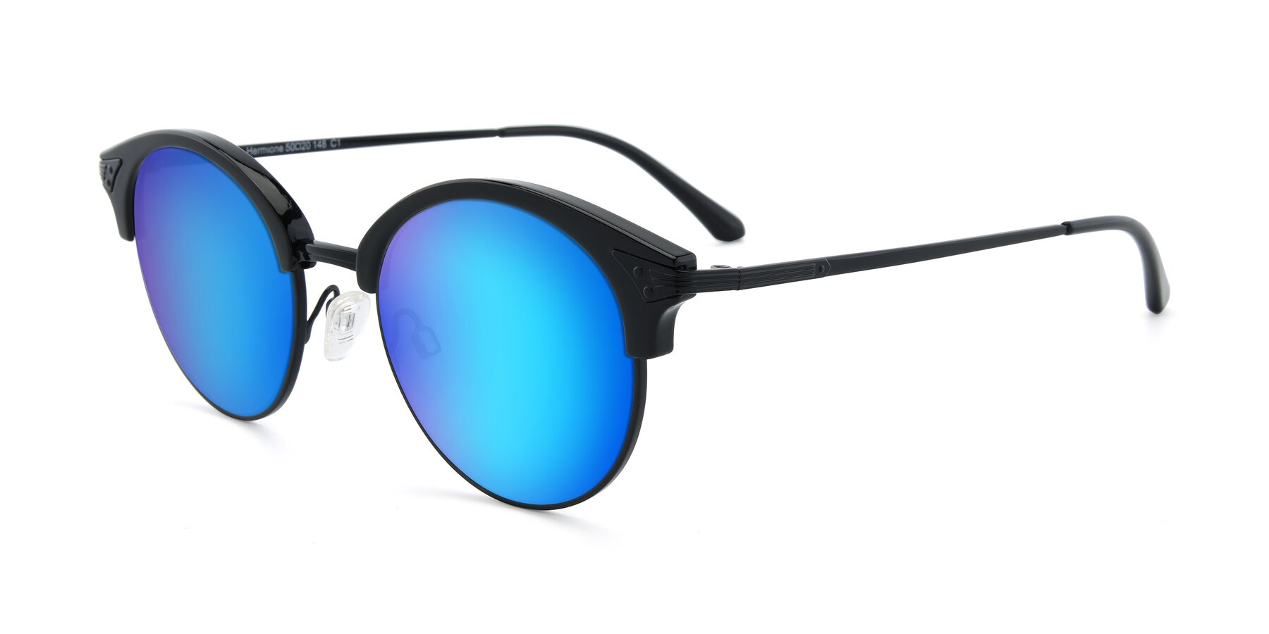 Angle of Hermione in Black with Blue Mirrored Lenses