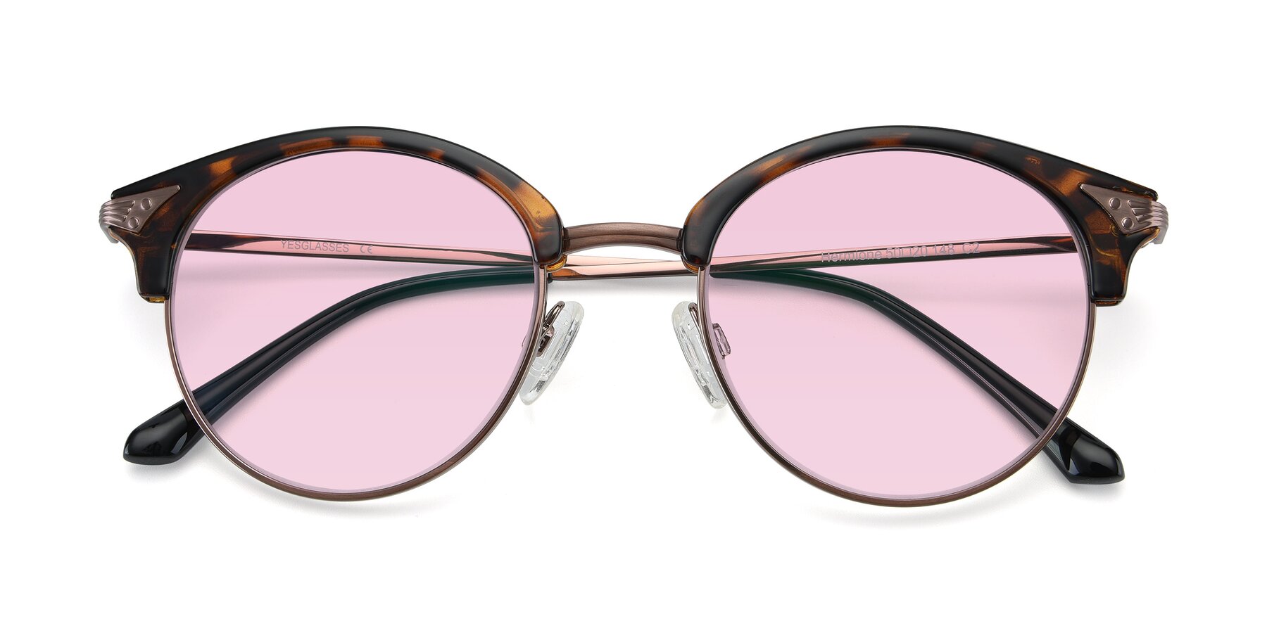Folded Front of Hermione in Tortoise-Brown with Light Pink Tinted Lenses