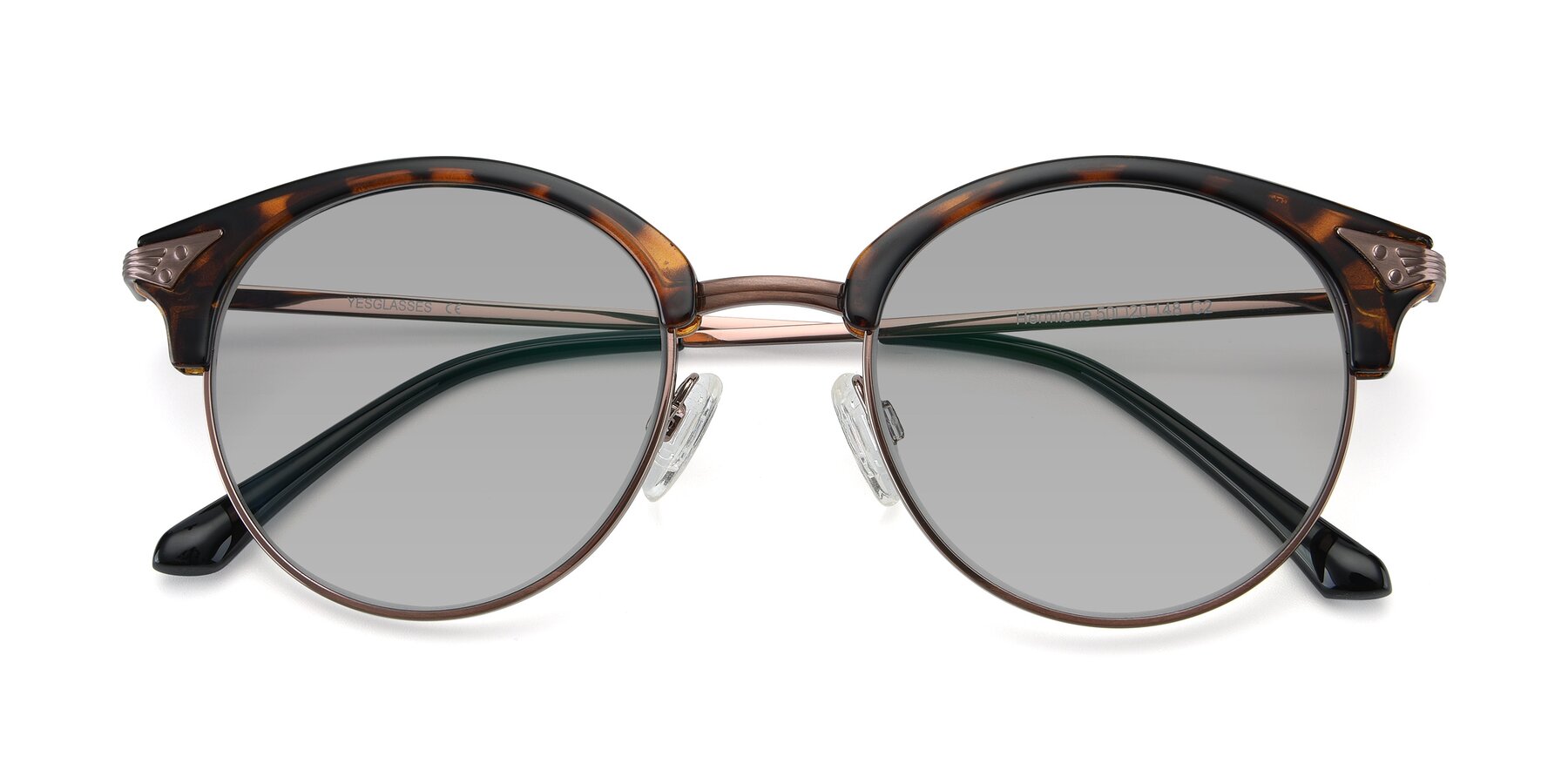 Folded Front of Hermione in Tortoise-Brown with Light Gray Tinted Lenses