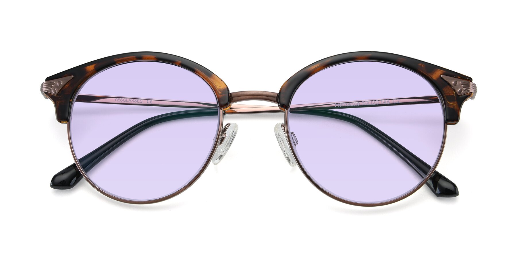 Folded Front of Hermione in Tortoise-Brown with Light Purple Tinted Lenses