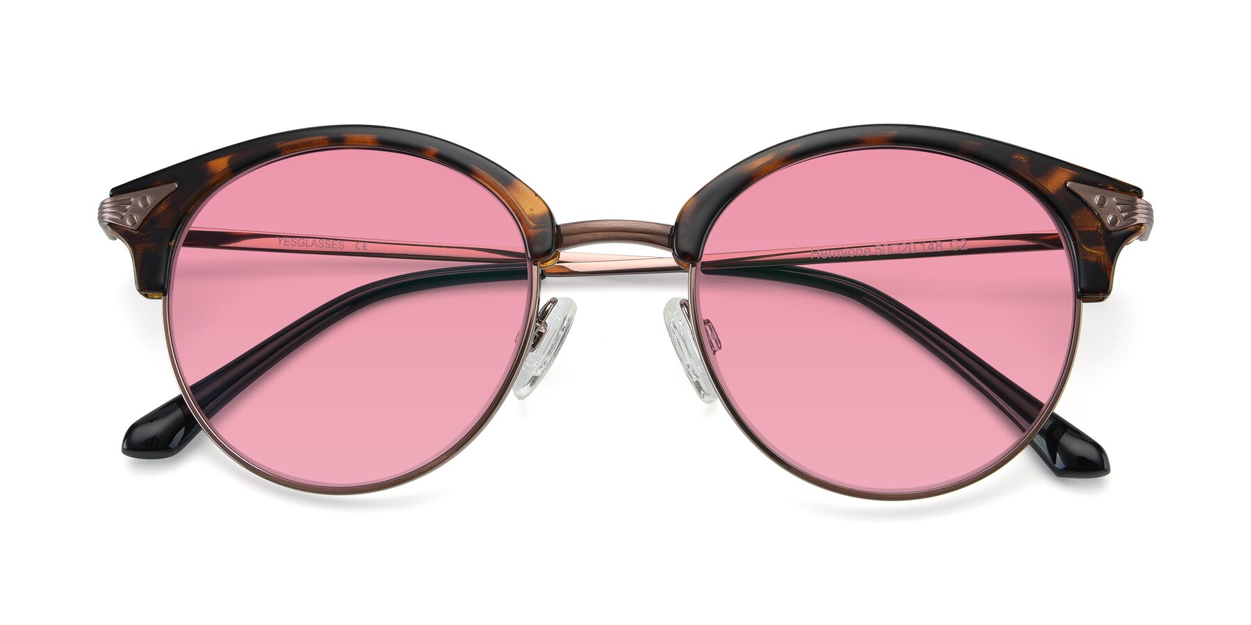 Folded Front of Hermione in Tortoise-Brown with Pink Tinted Lenses