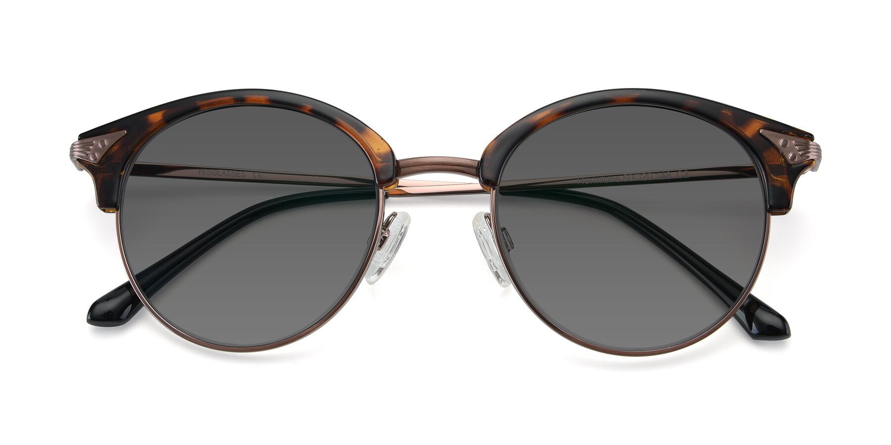 Folded Front of Hermione in Tortoise-Brown with Medium Gray Tinted Lenses