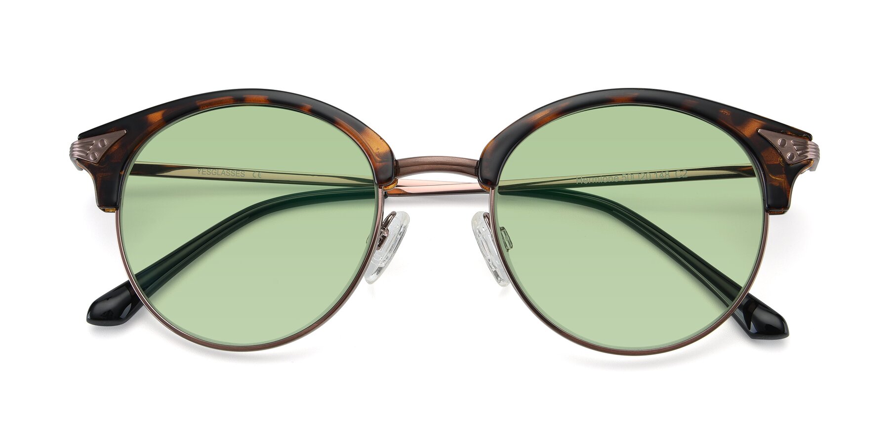 Folded Front of Hermione in Tortoise-Brown with Medium Green Tinted Lenses