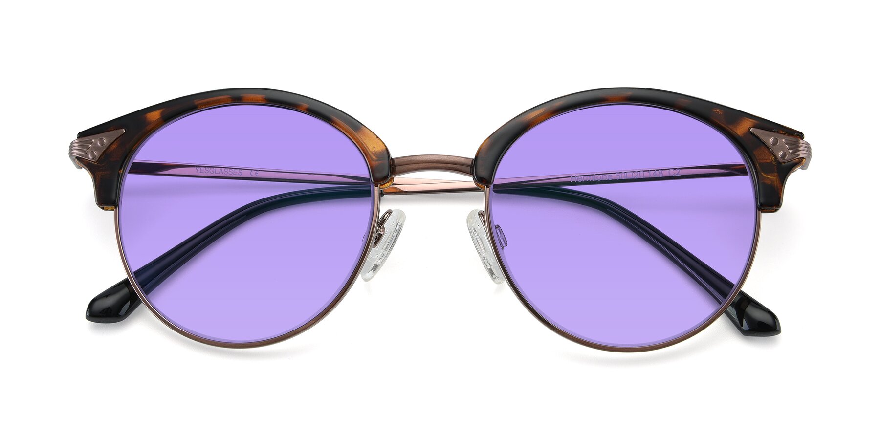 Folded Front of Hermione in Tortoise-Brown with Medium Purple Tinted Lenses