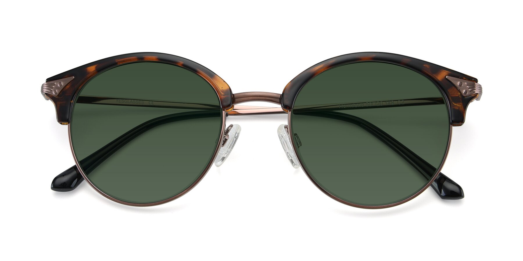 Folded Front of Hermione in Tortoise-Brown with Green Tinted Lenses