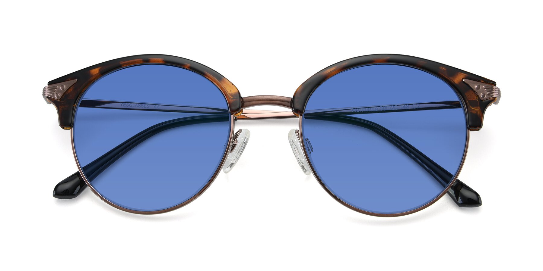 Folded Front of Hermione in Tortoise-Brown with Blue Tinted Lenses