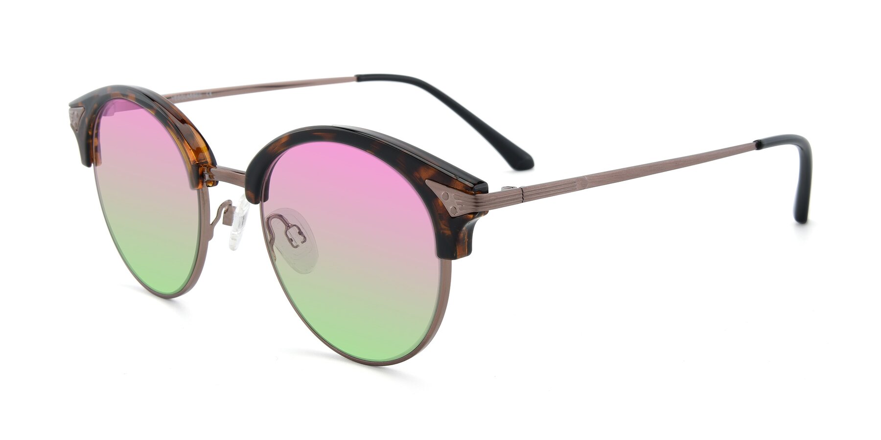 Angle of Hermione in Tortoise-Brown with Pink / Green Gradient Lenses