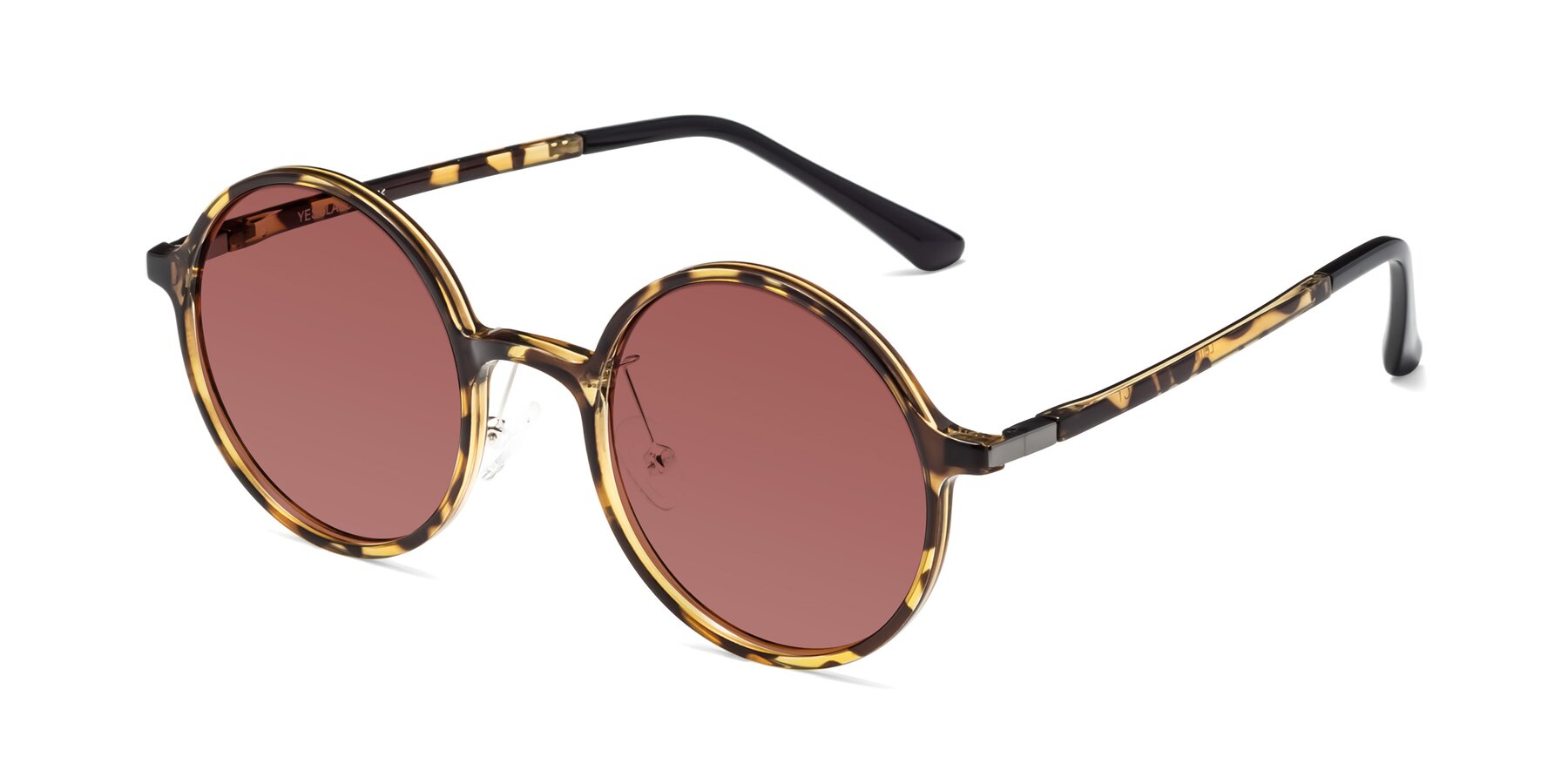 Angle of Lemon in Tortoise with Garnet Tinted Lenses