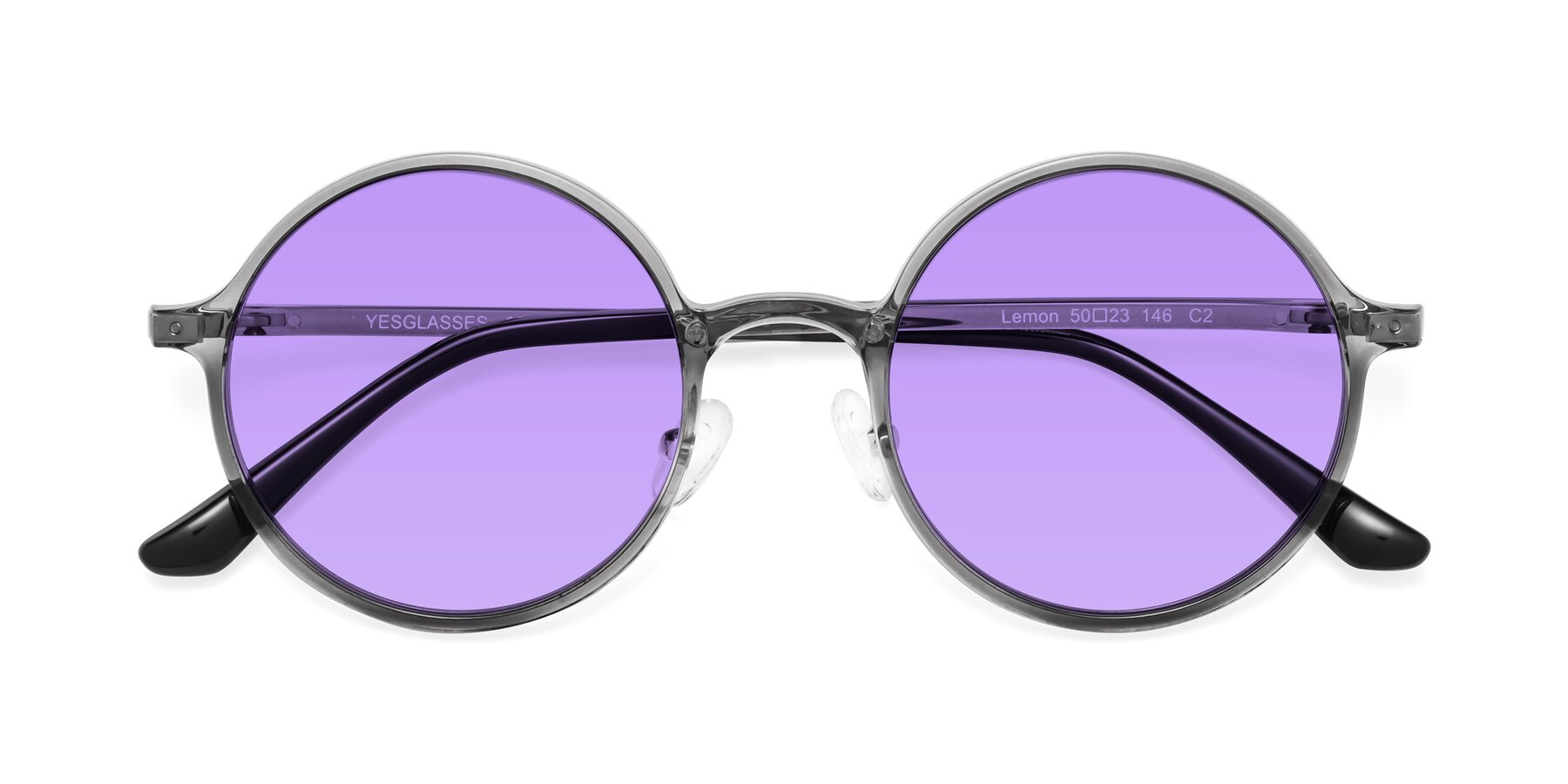 Folded Front of Lemon in Transparent Gray with Medium Purple Tinted Lenses