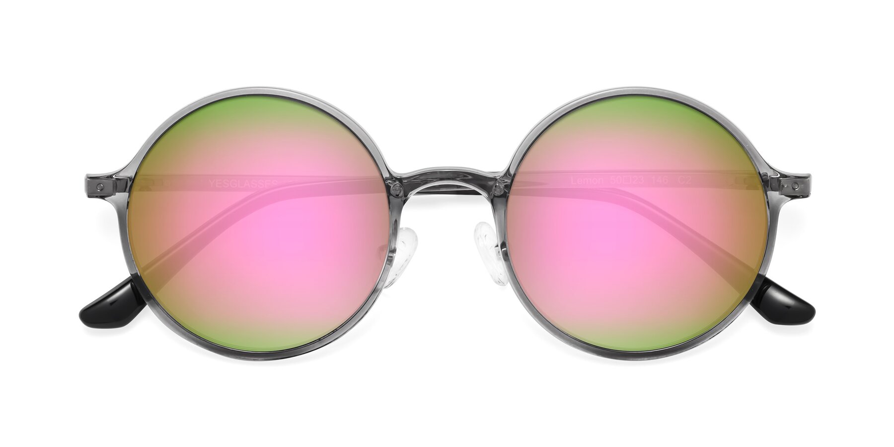 Folded Front of Lemon in Transparent Gray with Pink Mirrored Lenses