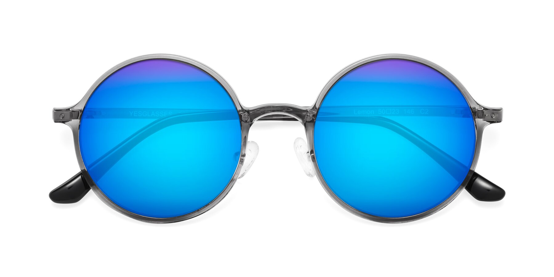 Folded Front of Lemon in Transparent Gray with Blue Mirrored Lenses