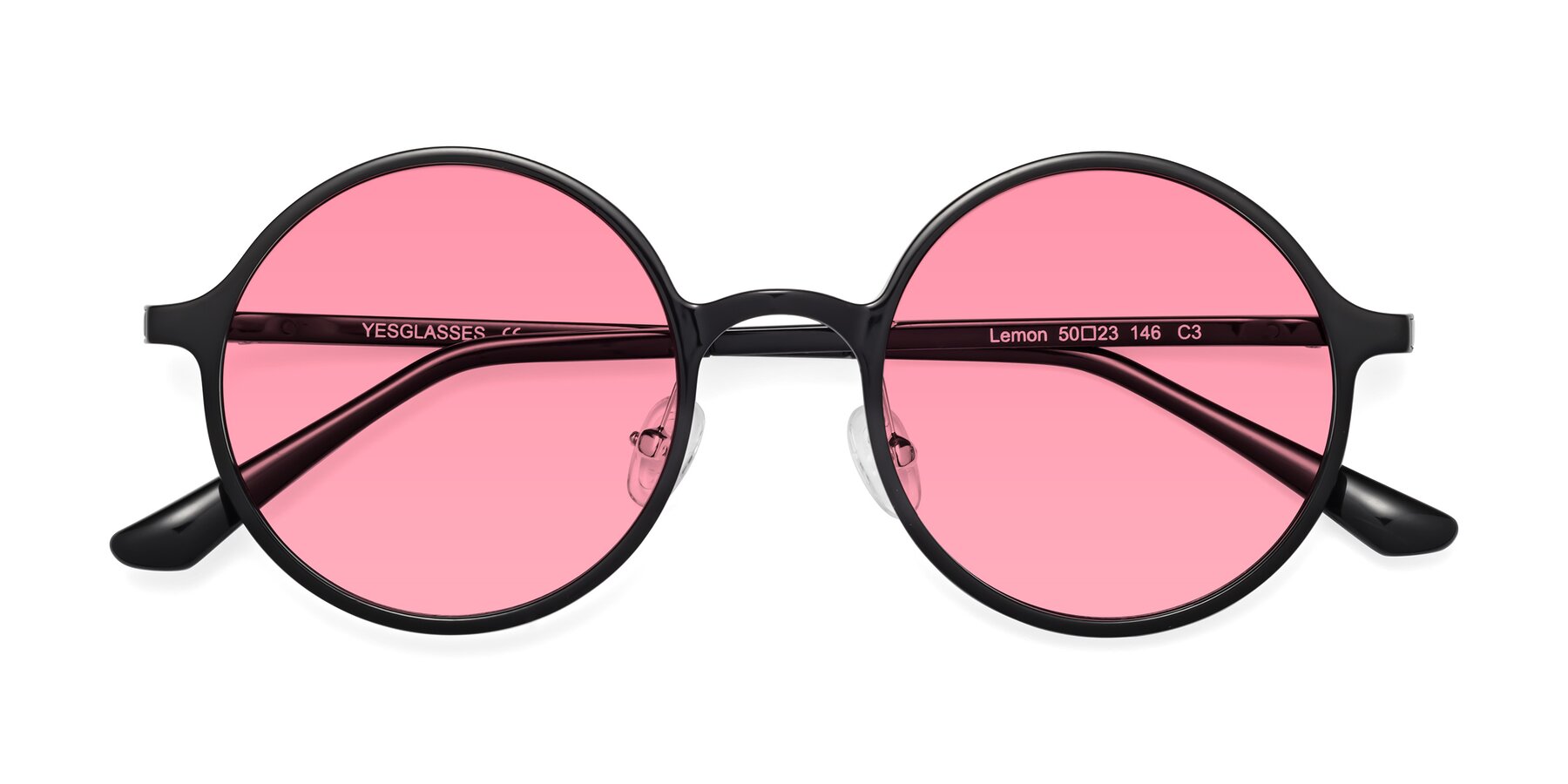 Folded Front of Lemon in Black with Pink Tinted Lenses