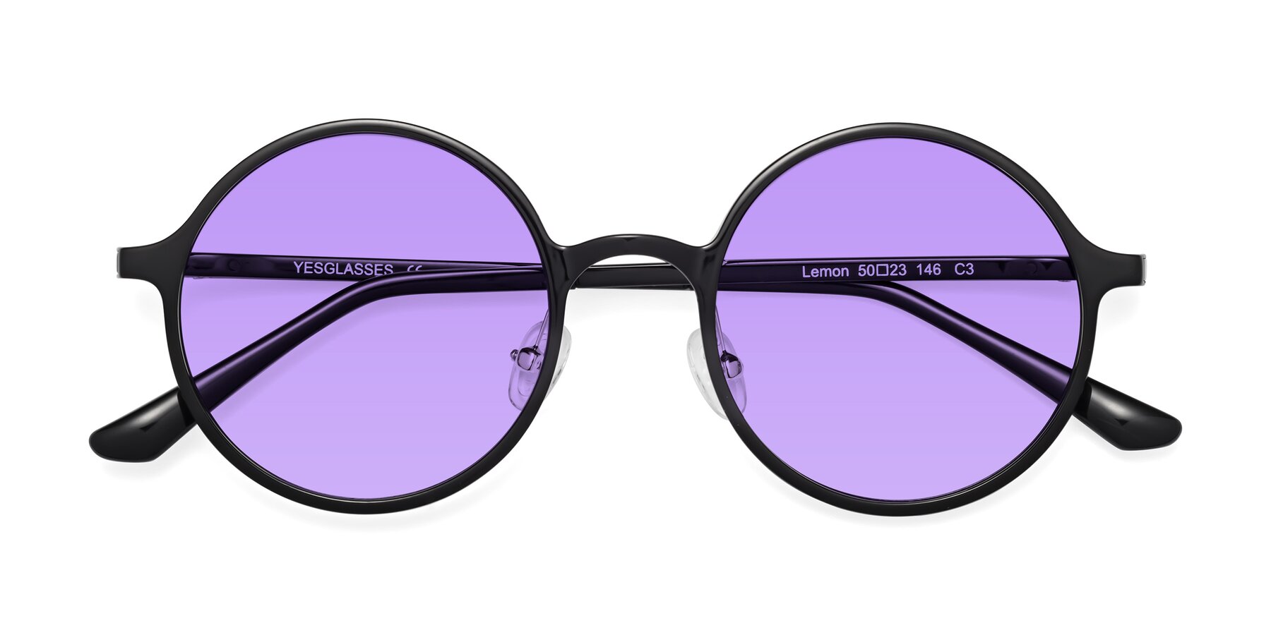 Folded Front of Lemon in Black with Medium Purple Tinted Lenses