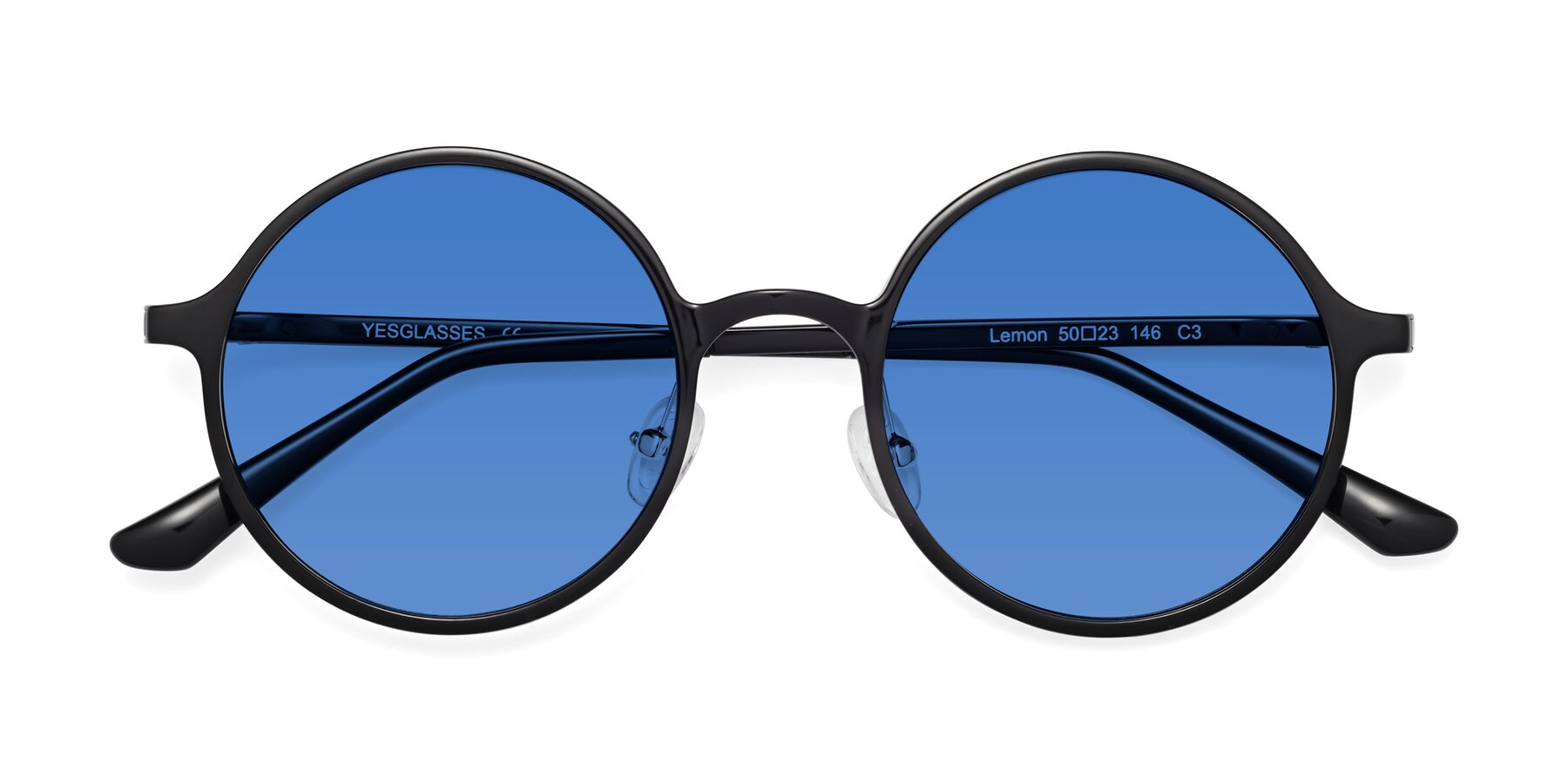 Folded Front of Lemon in Black with Blue Tinted Lenses
