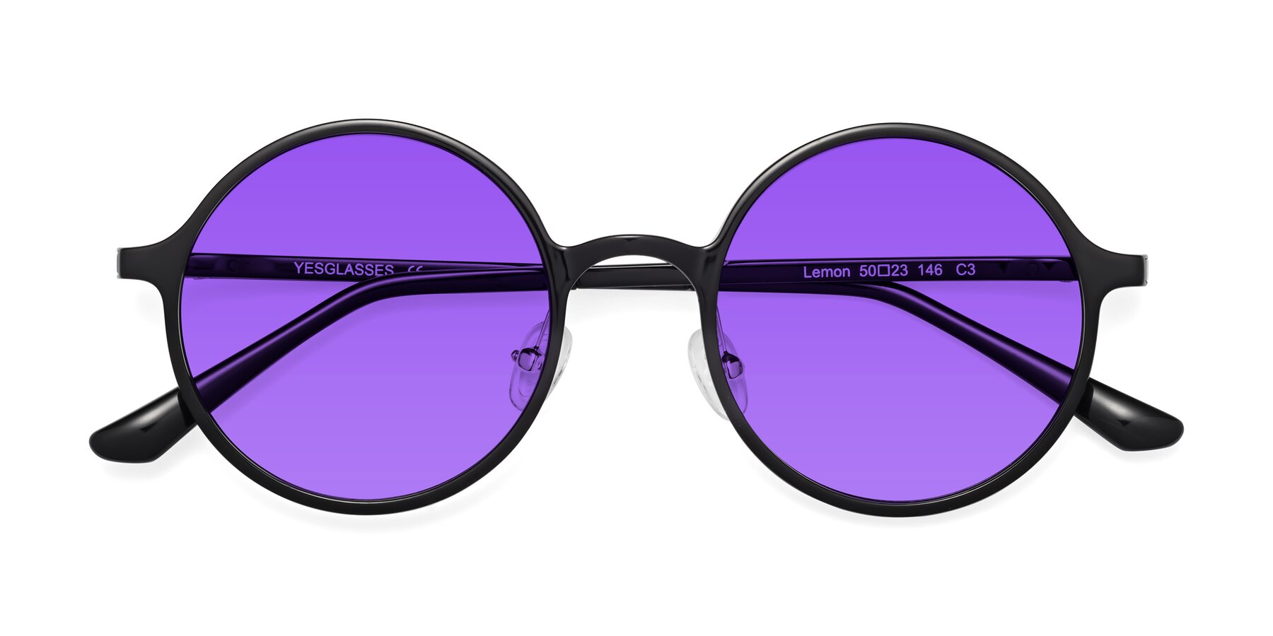 Folded Front of Lemon in Black with Purple Tinted Lenses