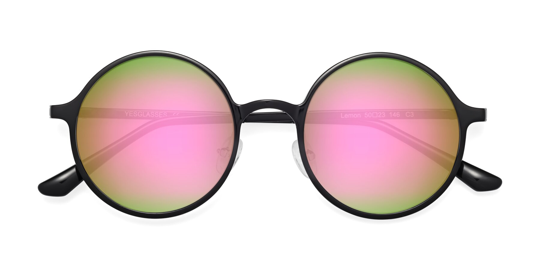 Folded Front of Lemon in Black with Pink Mirrored Lenses