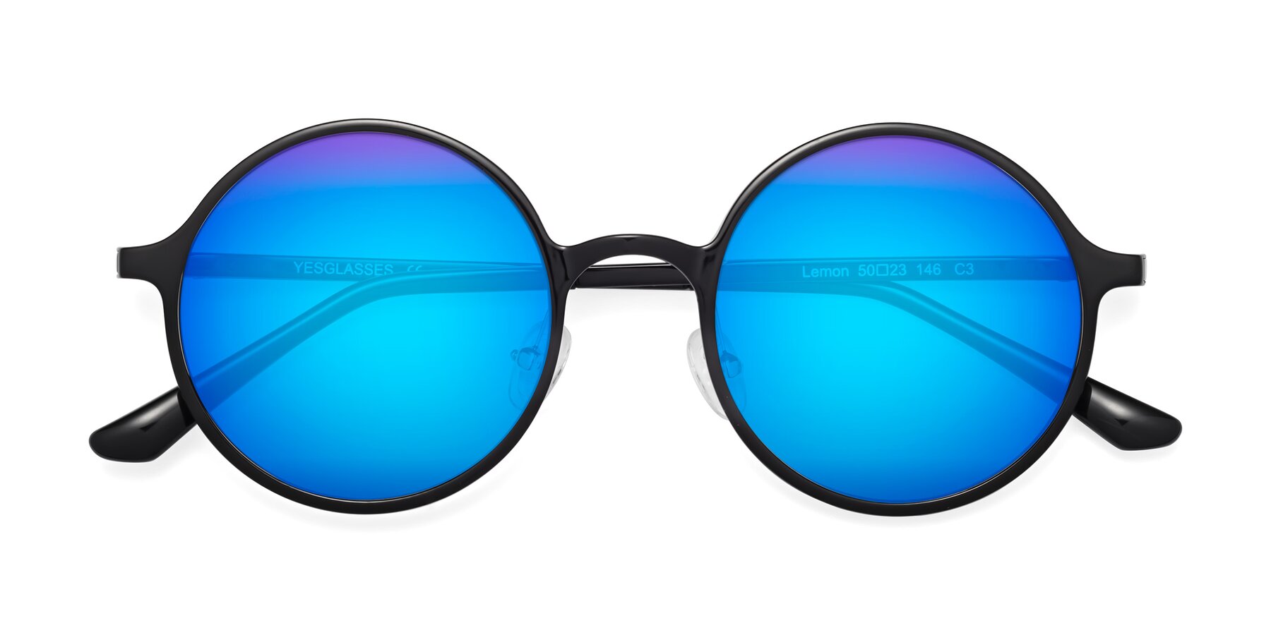 Black Retro-Vintage Thin Round Mirrored Sunglasses with Blue Sunwear Lenses  - Lemon