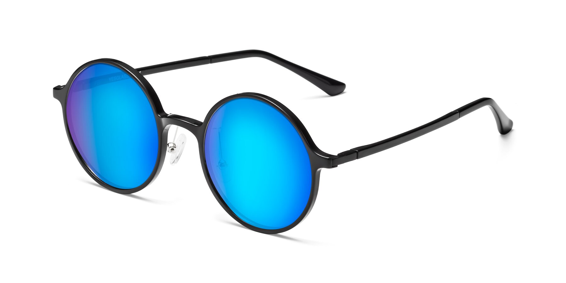 Black Retro-Vintage Thin Round Mirrored Lenses Blue - with Sunglasses Lemon Sunwear