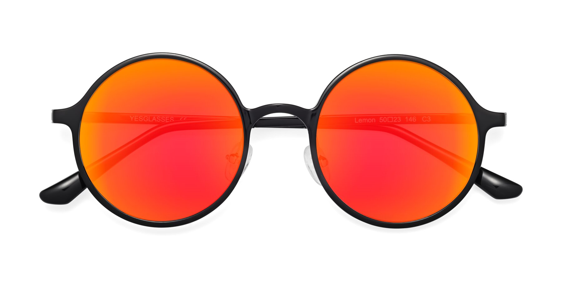 Black Retro-Vintage Thin Round Mirrored Sunglasses with Red Gold Sunwear  Lenses - Lemon