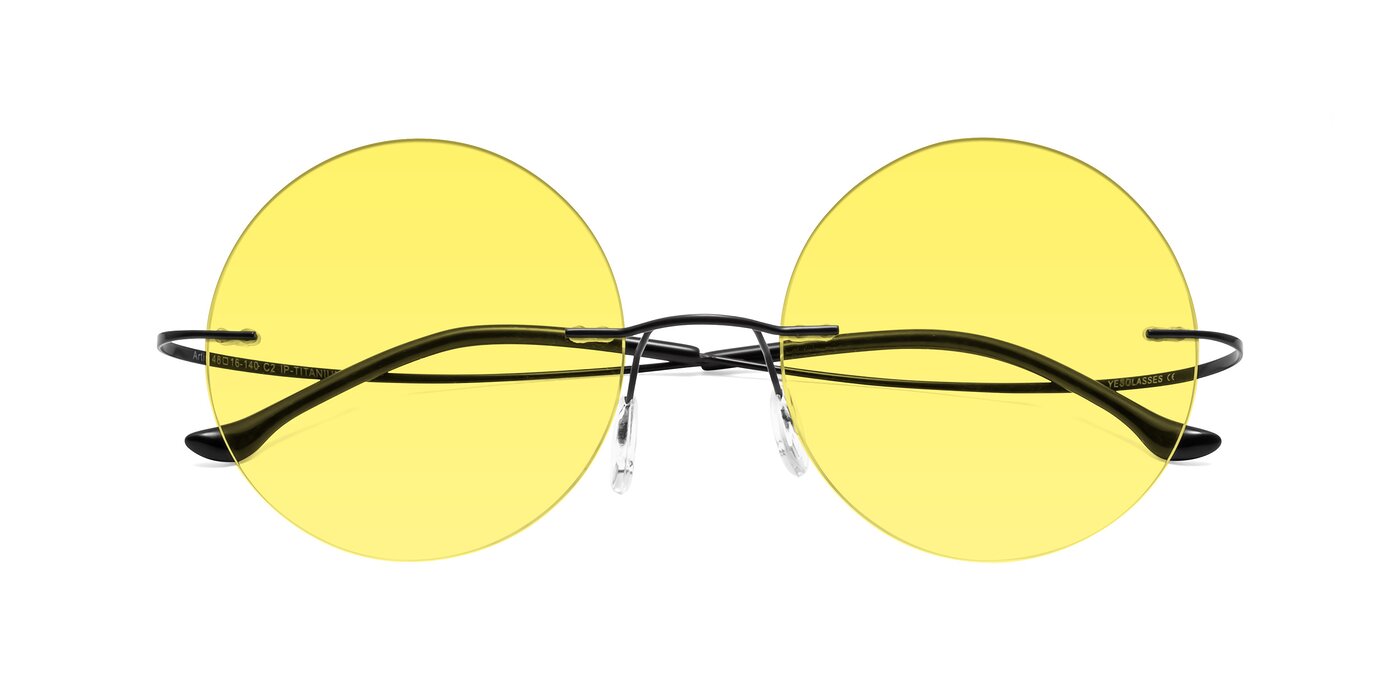 Black Lightweight Round Rimless Tinted Sunglasses with Medium Yellow