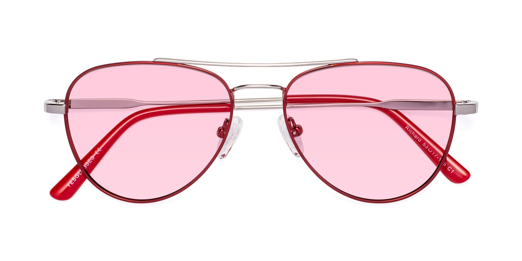 Folded Front of Richard in Red-Silver with Light Pink Tinted Lenses