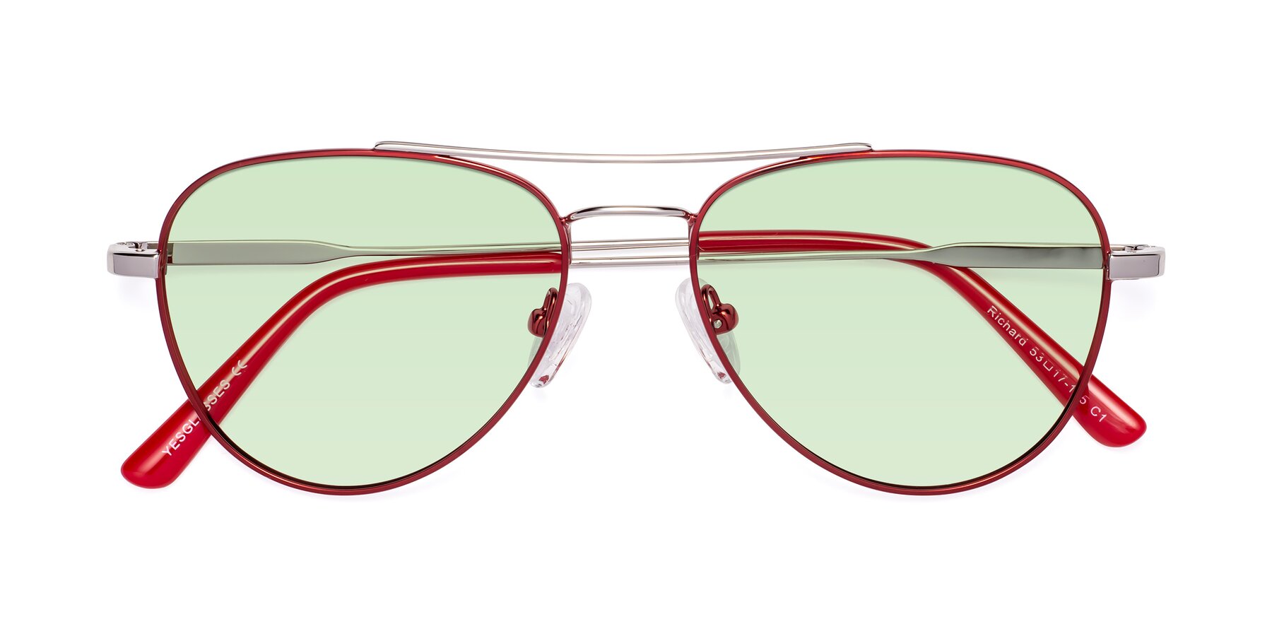 Folded Front of Richard in Red-Silver with Light Green Tinted Lenses