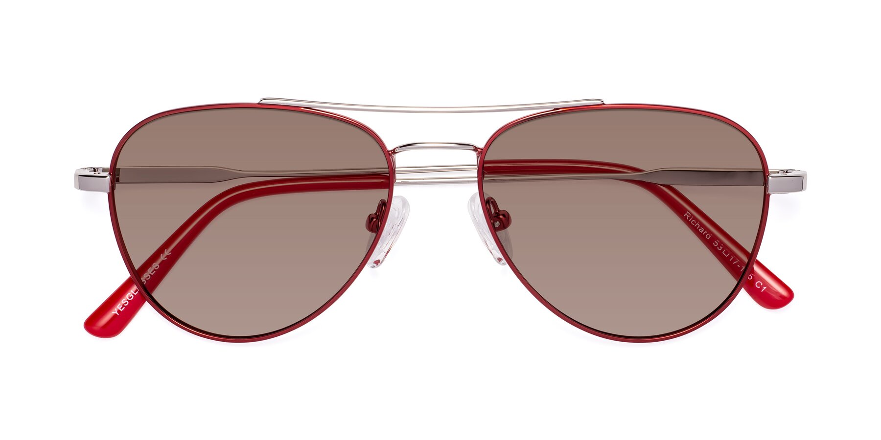 Folded Front of Richard in Red-Silver with Medium Brown Tinted Lenses