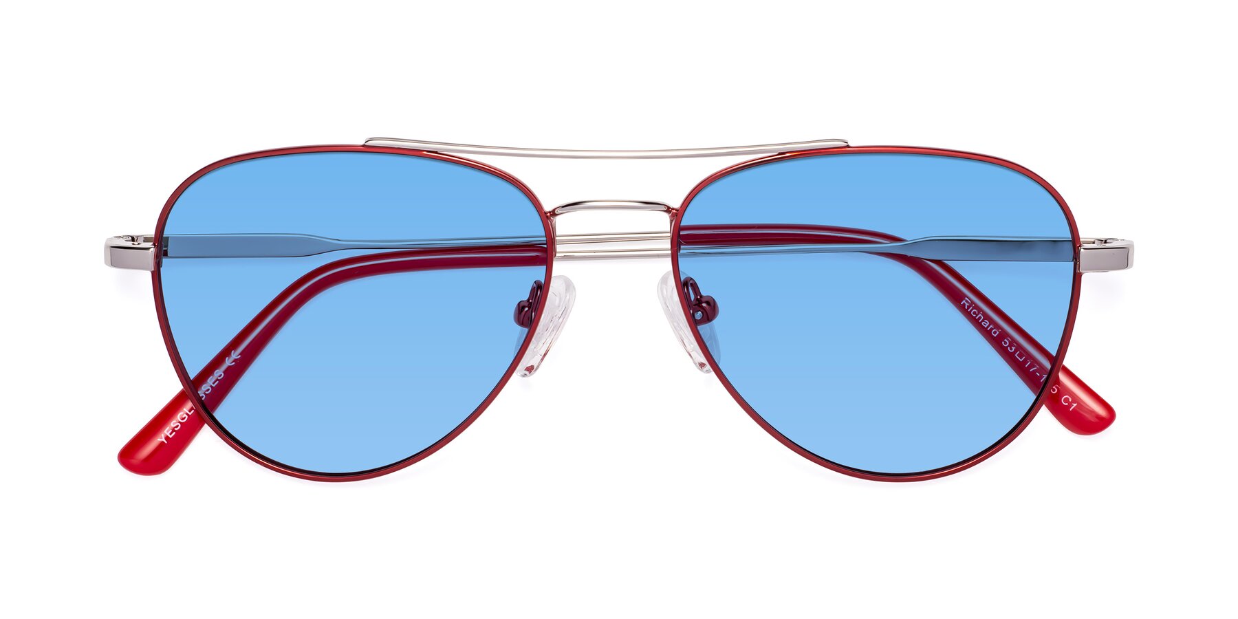 Folded Front of Richard in Red-Silver with Medium Blue Tinted Lenses
