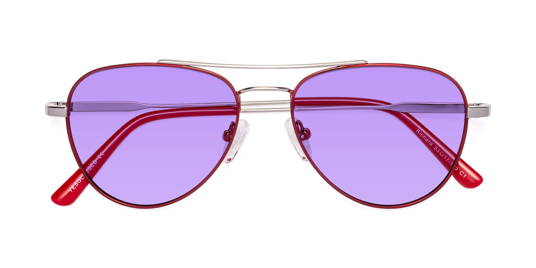 Folded Front of Richard in Red-Silver with Medium Purple Tinted Lenses