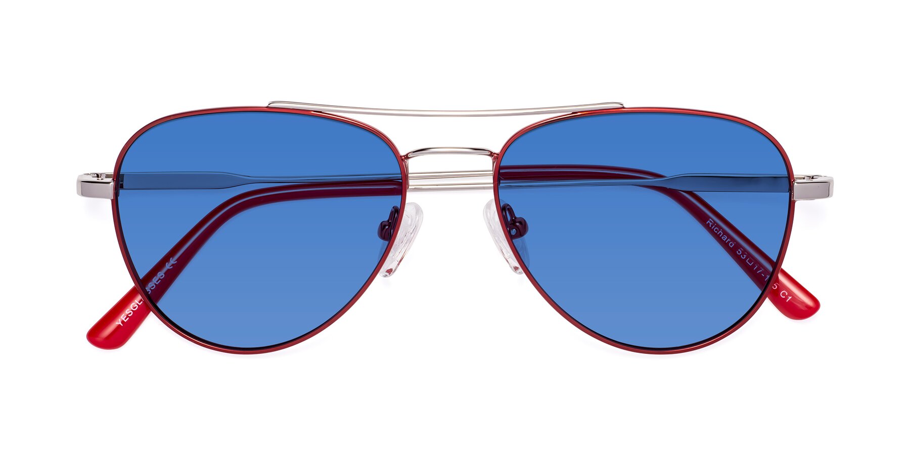 Folded Front of Richard in Red-Silver with Blue Tinted Lenses