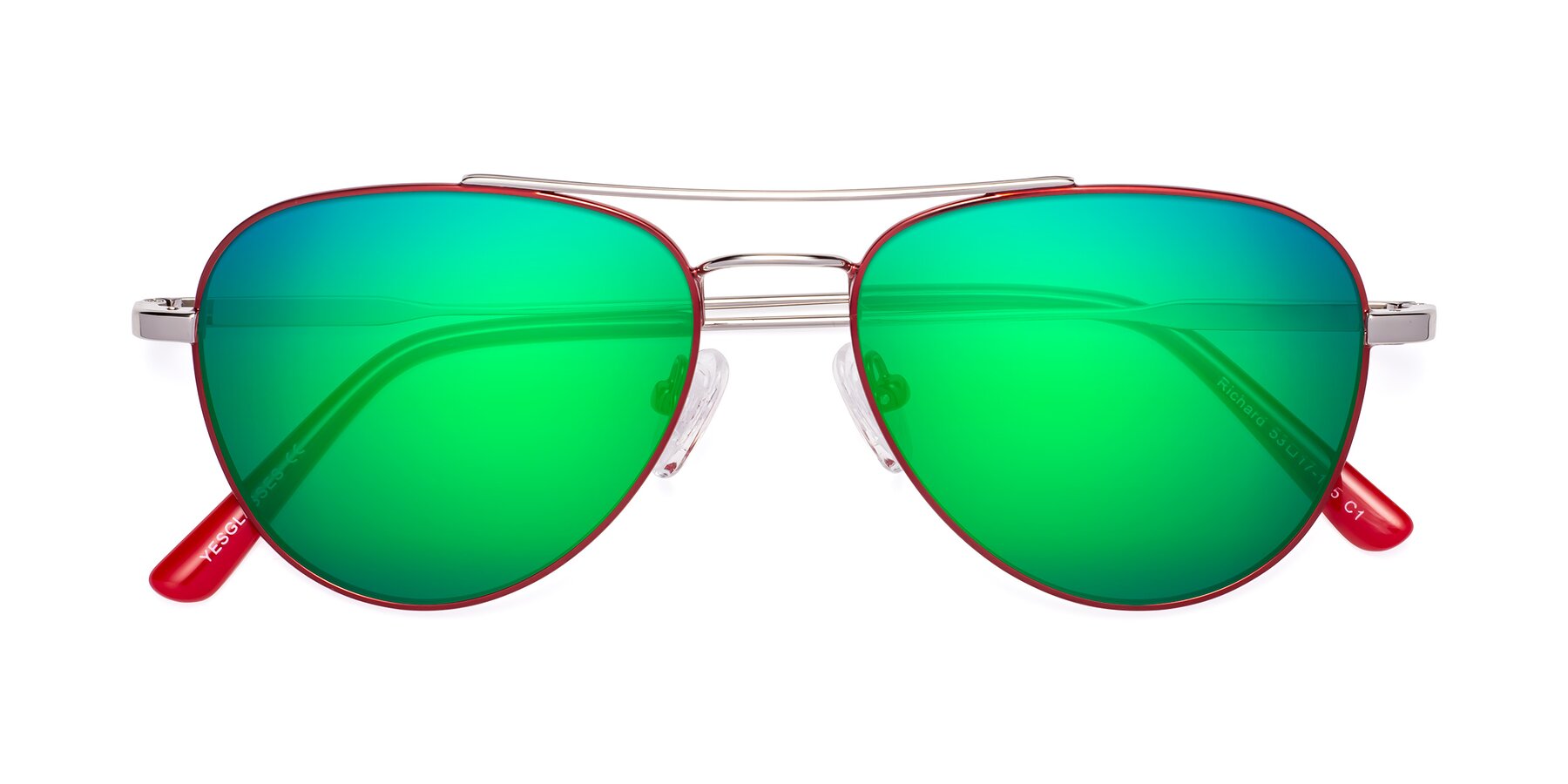Folded Front of Richard in Red-Silver with Green Mirrored Lenses