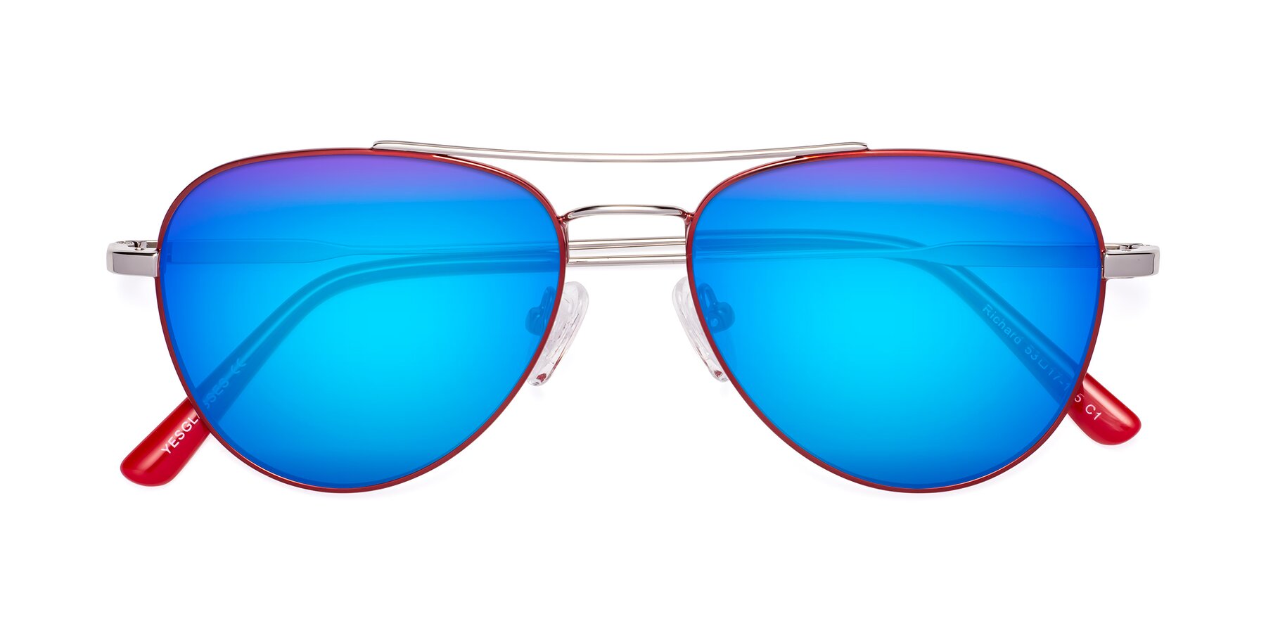 Folded Front of Richard in Red-Silver with Blue Mirrored Lenses